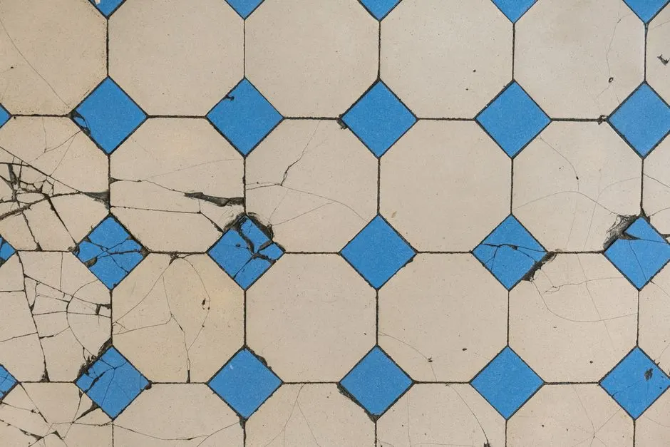 Top view of a cracked geometric tile pattern featuring blue diamond tiles on a beige background.